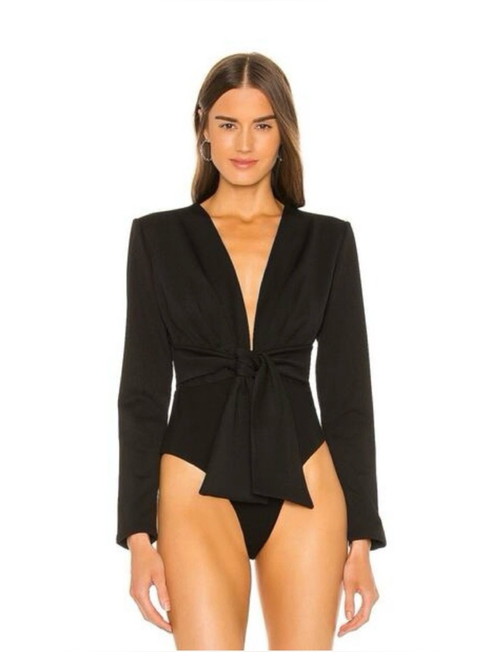 Bardot Black Tie Waist Deep V-Neck Long Sleeve Bodysuit Size 8